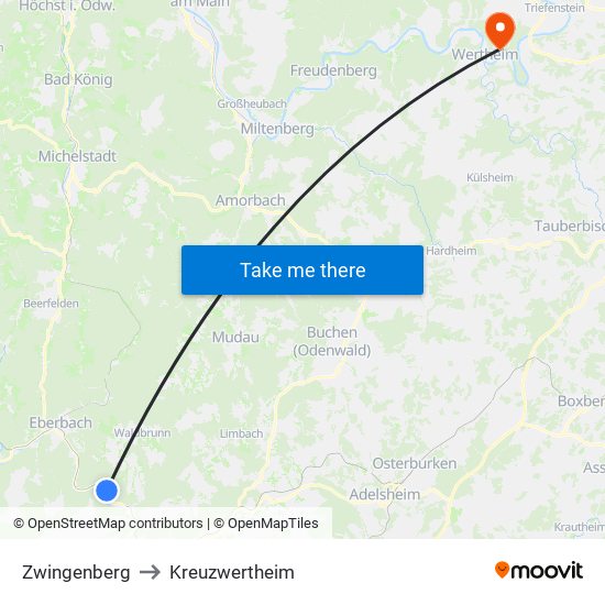 Zwingenberg to Kreuzwertheim map