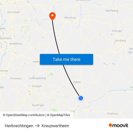 Herbrechtingen to Kreuzwertheim map