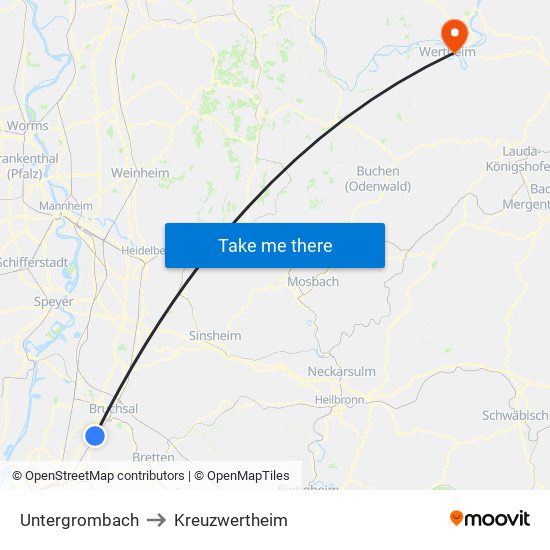 Untergrombach to Kreuzwertheim map