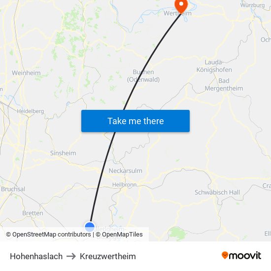 Hohenhaslach to Kreuzwertheim map