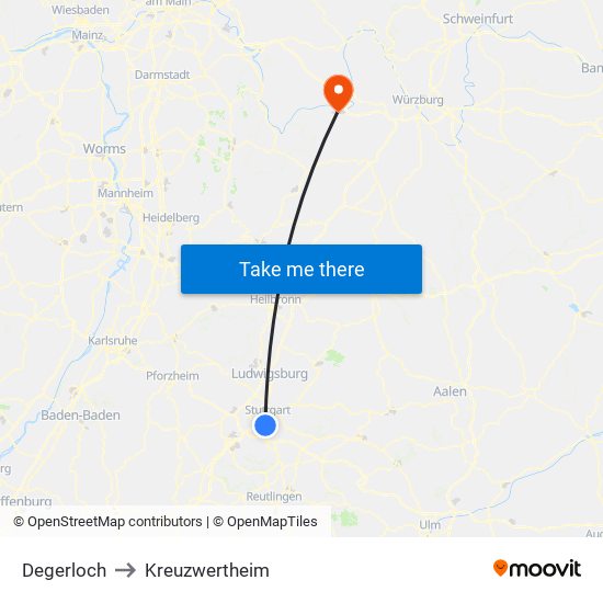 Degerloch to Kreuzwertheim map