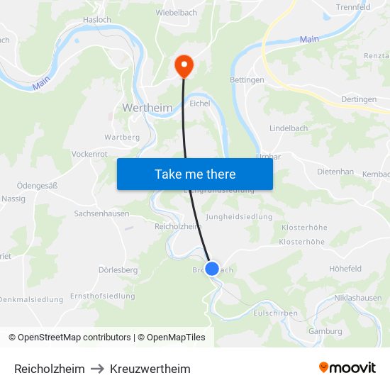 Reicholzheim to Kreuzwertheim map