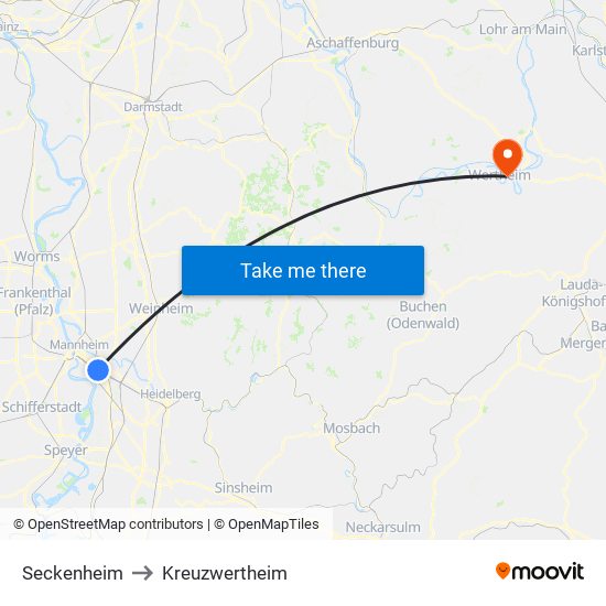 Seckenheim to Kreuzwertheim map