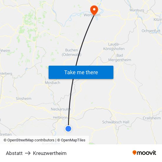 Abstatt to Kreuzwertheim map