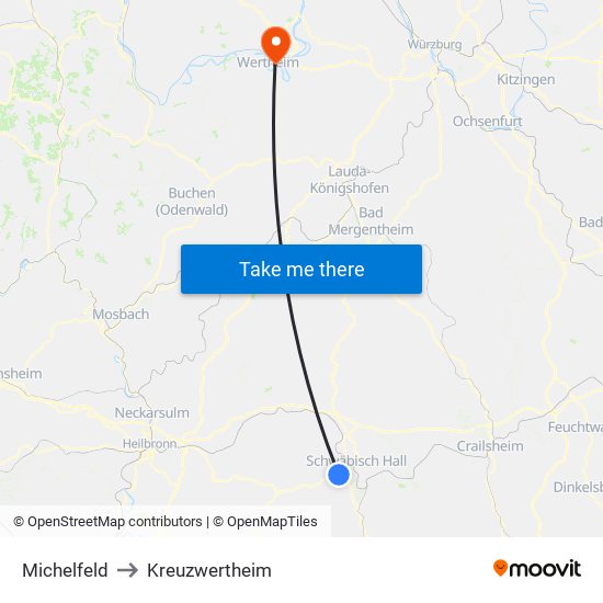 Michelfeld to Kreuzwertheim map