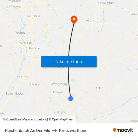 Reichenbach An Der Fils to Kreuzwertheim map