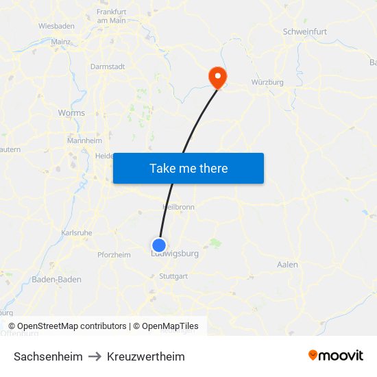 Sachsenheim to Kreuzwertheim map