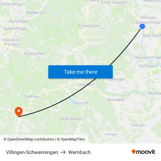 Villingen-Schwenningen to Wembach map