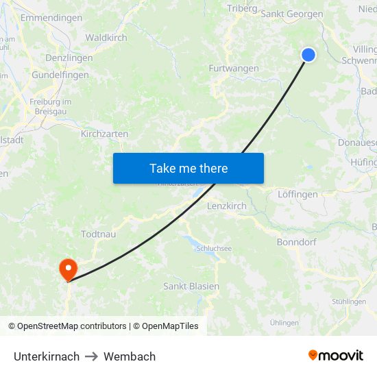 Unterkirnach to Wembach map