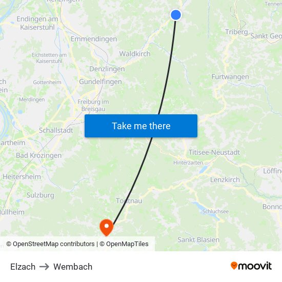 Elzach to Wembach map