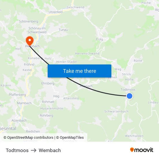 Todtmoos to Wembach map