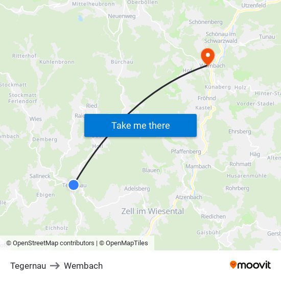 Tegernau to Wembach map