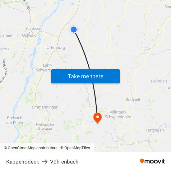 Kappelrodeck to Vöhrenbach map