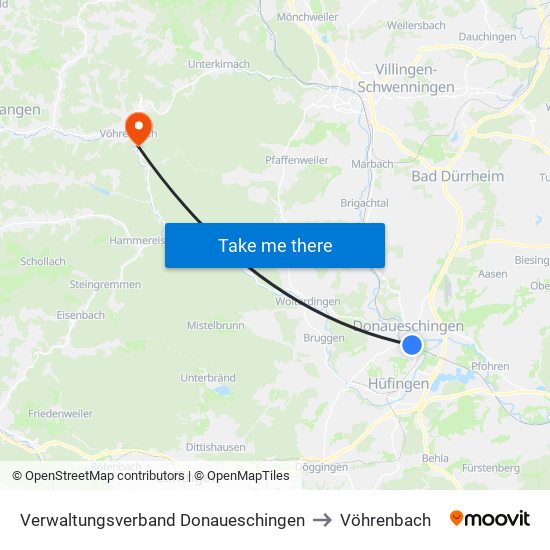 Verwaltungsverband Donaueschingen to Vöhrenbach map