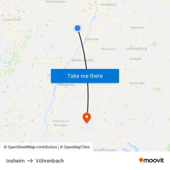 Insheim to Vöhrenbach map