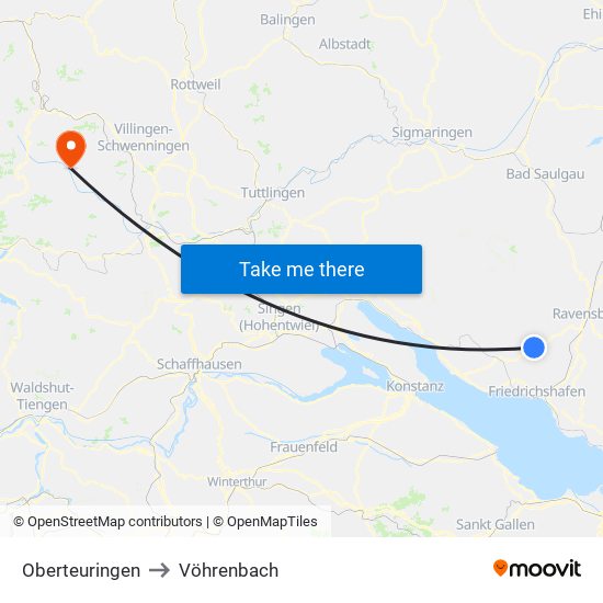 Oberteuringen to Vöhrenbach map