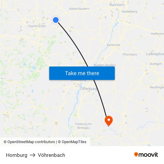 Homburg to Vöhrenbach map