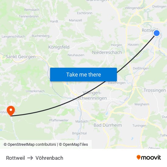 Rottweil to Vöhrenbach map