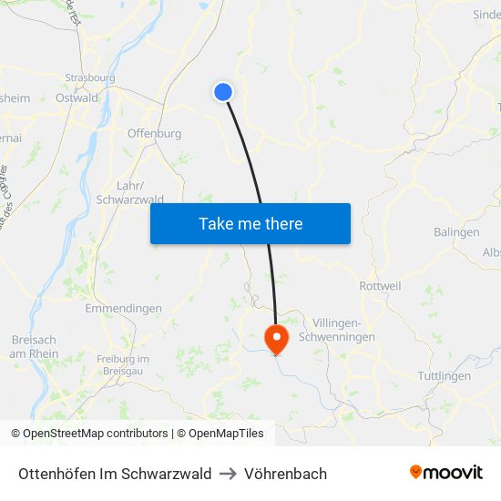 Ottenhöfen Im Schwarzwald to Vöhrenbach map