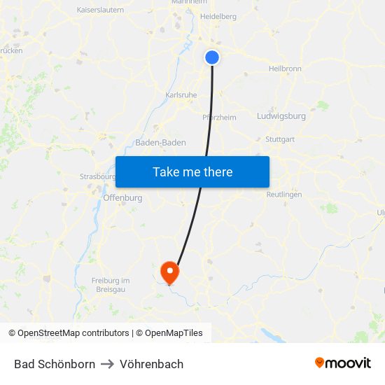 Bad Schönborn to Vöhrenbach map