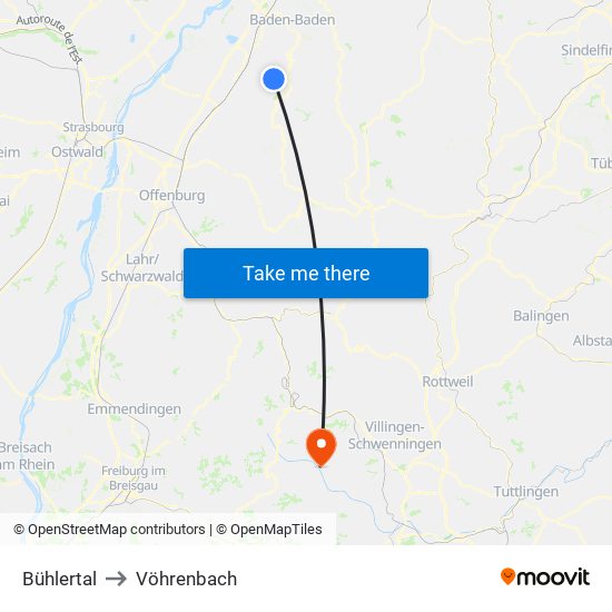 Bühlertal to Vöhrenbach map
