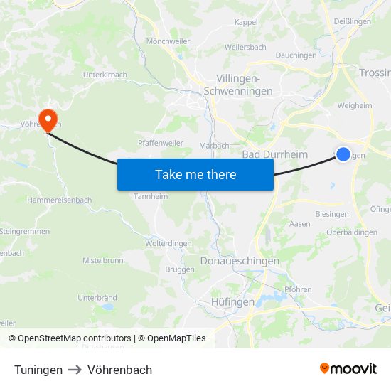 Tuningen to Vöhrenbach map