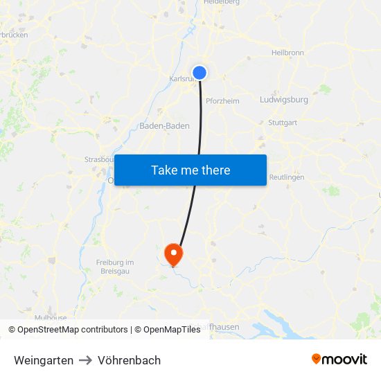 Weingarten to Vöhrenbach map