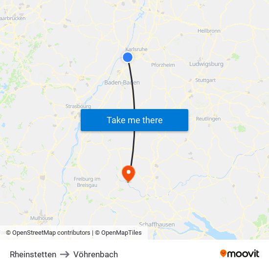 Rheinstetten to Vöhrenbach map