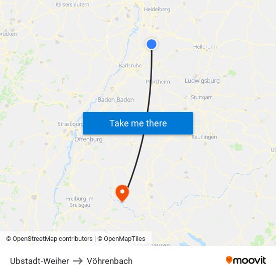 Ubstadt-Weiher to Vöhrenbach map