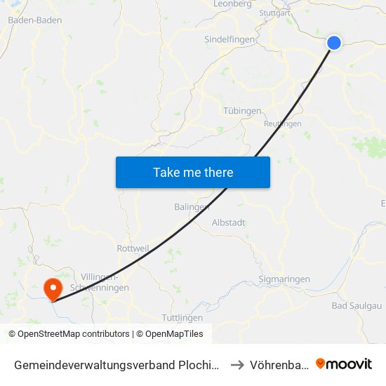 Gemeindeverwaltungsverband Plochingen to Vöhrenbach map