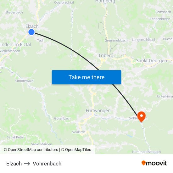 Elzach to Vöhrenbach map