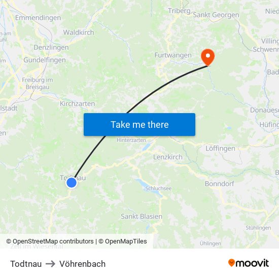 Todtnau to Vöhrenbach map