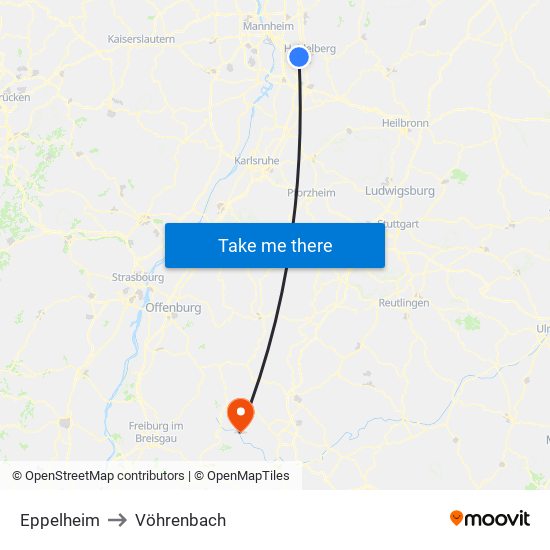 Eppelheim to Vöhrenbach map