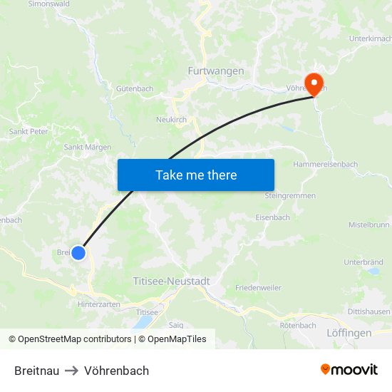 Breitnau to Vöhrenbach map