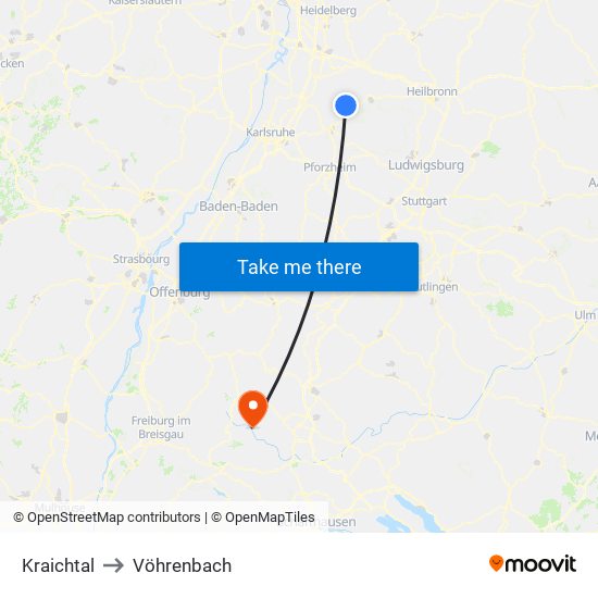 Kraichtal to Vöhrenbach map