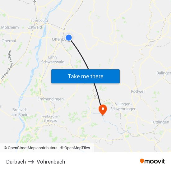 Durbach to Vöhrenbach map