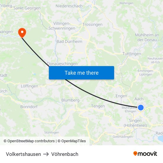 Volkertshausen to Vöhrenbach map