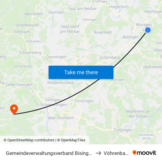 Gemeindeverwaltungsverband Bisingen to Vöhrenbach map
