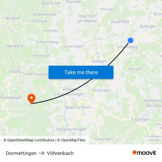 Dormettingen to Vöhrenbach map