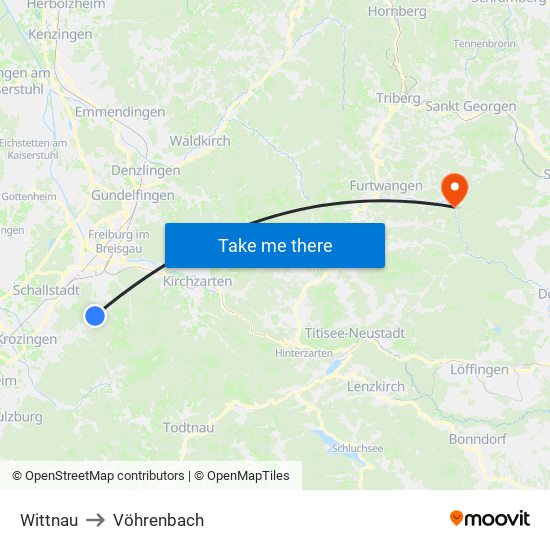 Wittnau to Vöhrenbach map