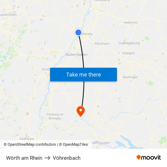 Wörth am Rhein to Vöhrenbach map