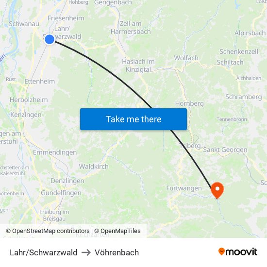 Lahr/Schwarzwald to Vöhrenbach map