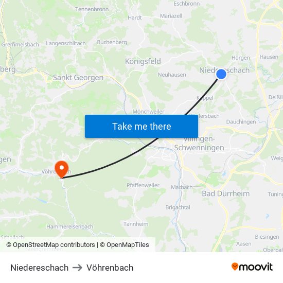 Niedereschach to Vöhrenbach map
