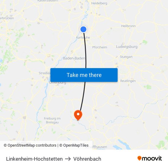 Linkenheim-Hochstetten to Vöhrenbach map