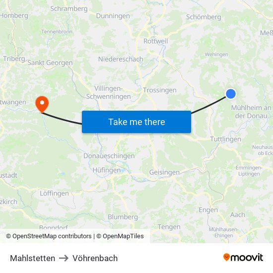 Mahlstetten to Vöhrenbach map