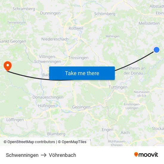 Schwenningen to Vöhrenbach map