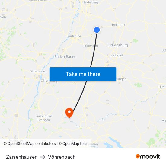 Zaisenhausen to Vöhrenbach map