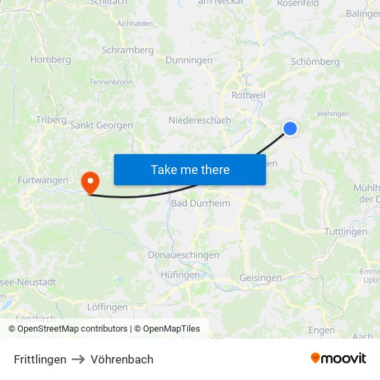 Frittlingen to Vöhrenbach map