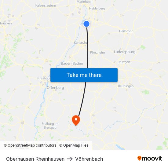 Oberhausen-Rheinhausen to Vöhrenbach map