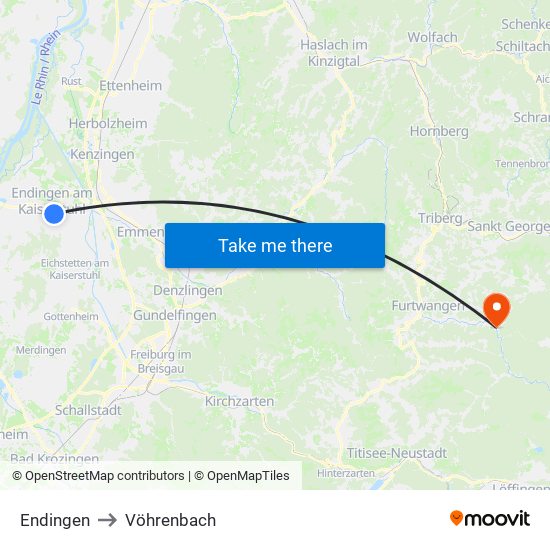 Endingen to Vöhrenbach map